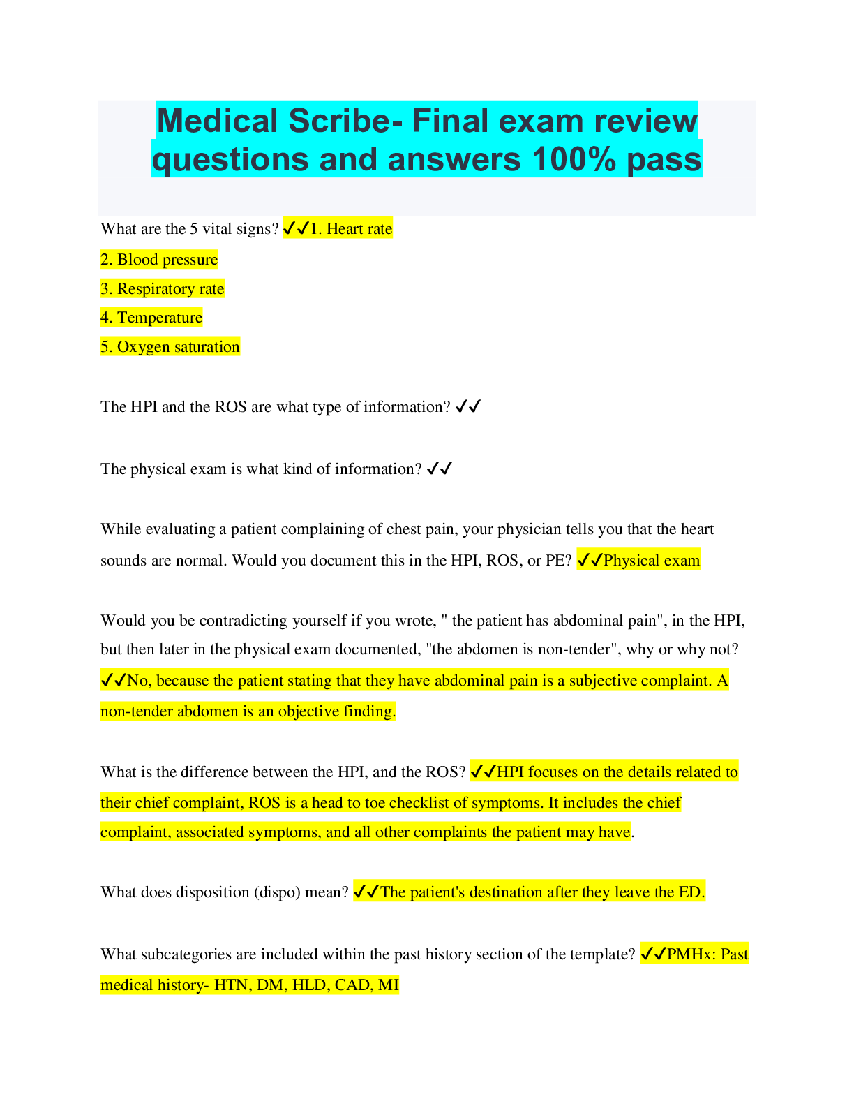 Medical Scribe Final exam review questions and answers 100 pass
